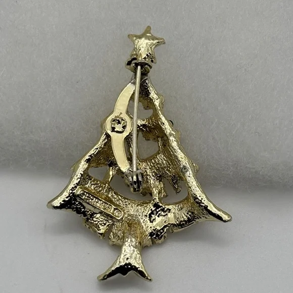 Vintage Gerry's Christmas Tree Pin, Gold Metal Green Red Decorations, Book Piece - Picture 10 of 15